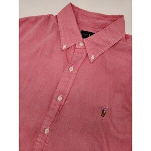 Ralph Lauren Shirt Men's XL Pink Short Sleeve Button Up Slim Fit Chambray Oxford